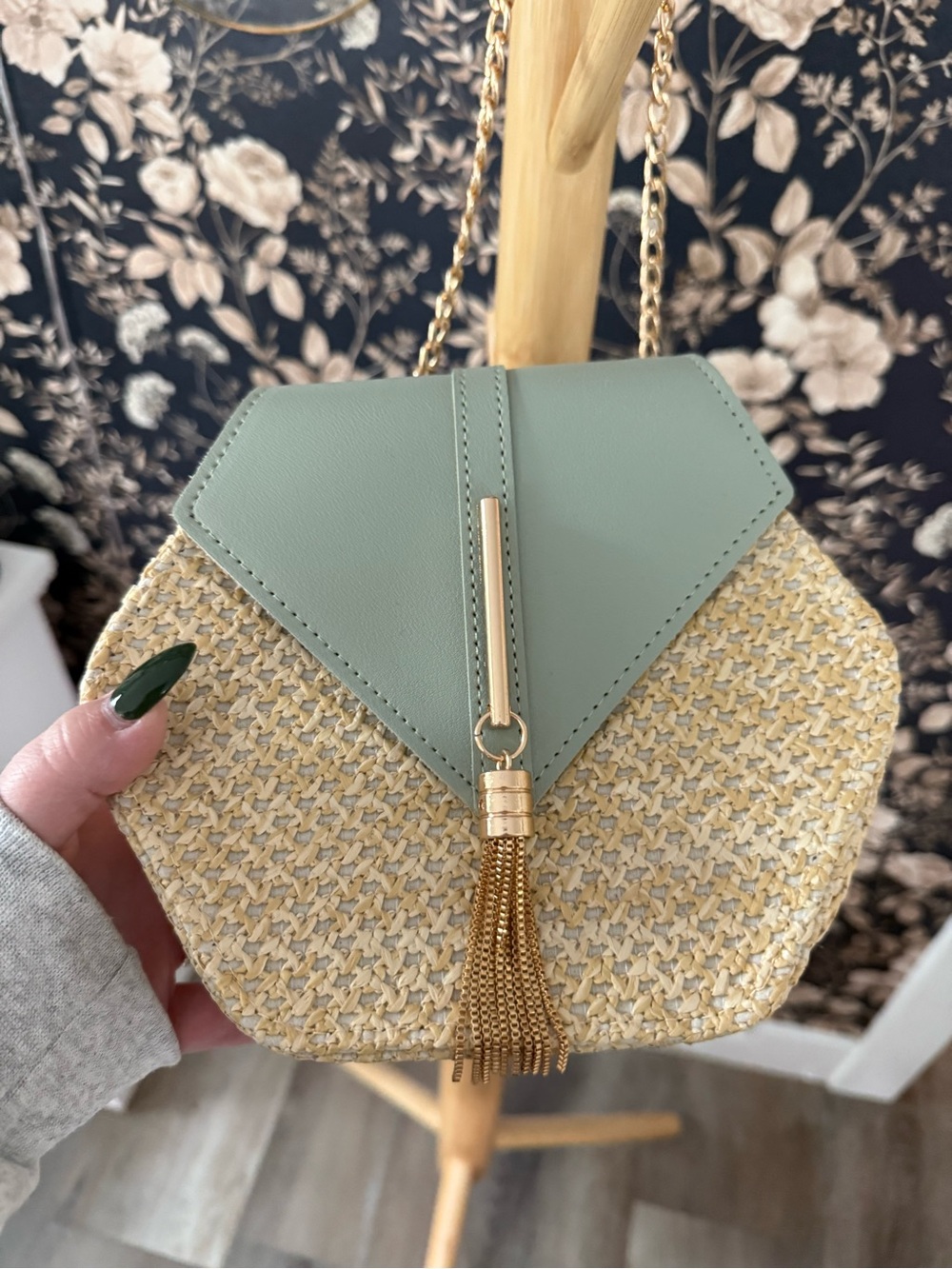 Green & Natural Straw Hexagon Crossbody Bag with Gold Tassel